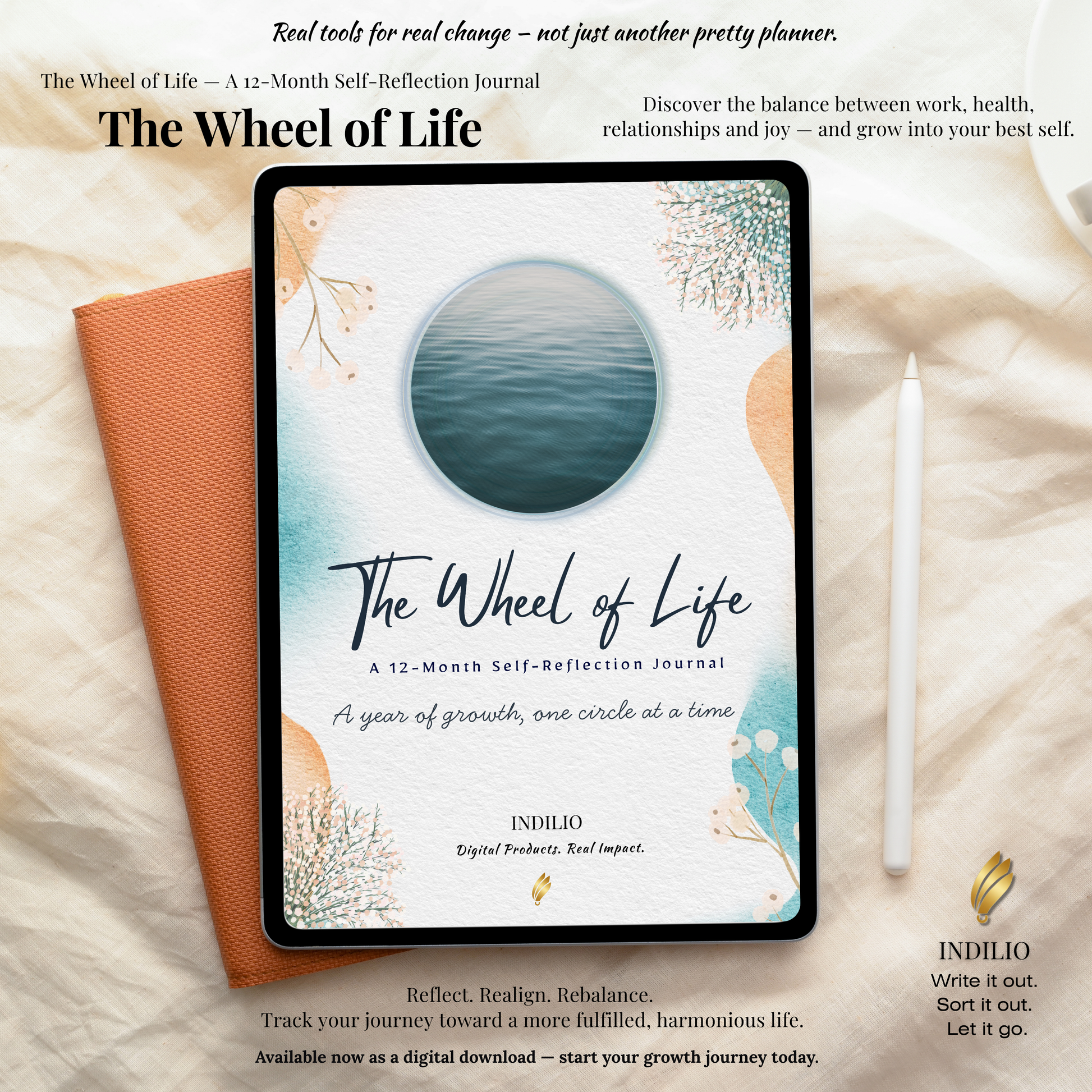 Wheel of Life 12-Month Reflection Journal digital cover mockup on tablet