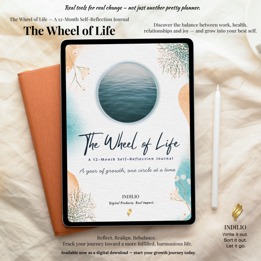 Wheel of Life 12-Month Reflection Journal digital cover mockup on tablet