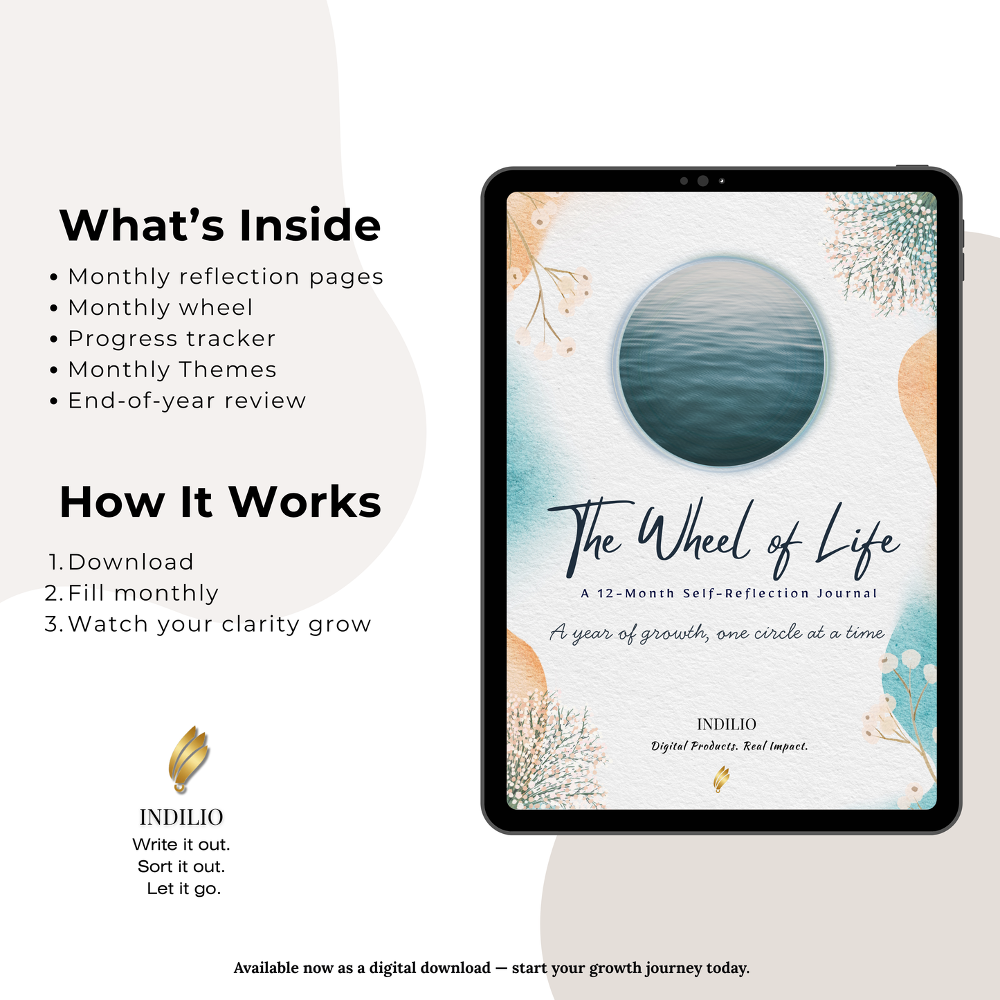 Inside pages of Wheel of Life journal including reflections, themes, and progress trackers